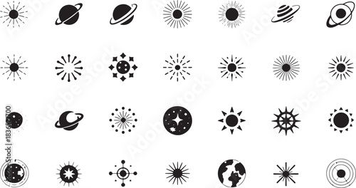Collection of stylized celestial body and abstract cosmic icons