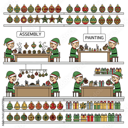 Penampang Pabrik Ornamen Sinterklas 2D cerah, menampilkan peri sibuk merakit, melukis, dan mengepak dekorasi Natal (bola, bintang, lonceng) berwarna cerah.