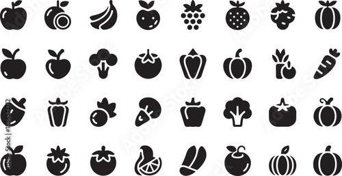 Collection of silhouette icons representing various fruits and vegetables