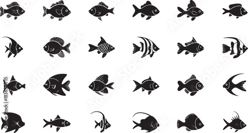 Collection of stylized fish silhouettes in black and white