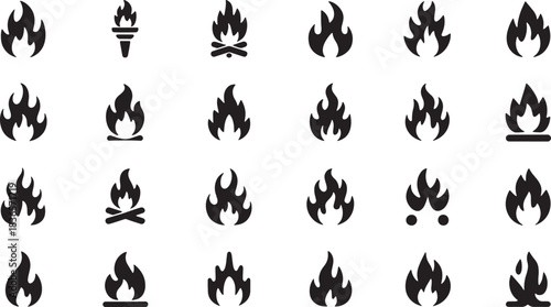 Collection of simple black flame and fire icons