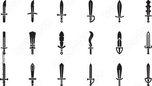 Collection of hand drawn sword silhouettes in various styles