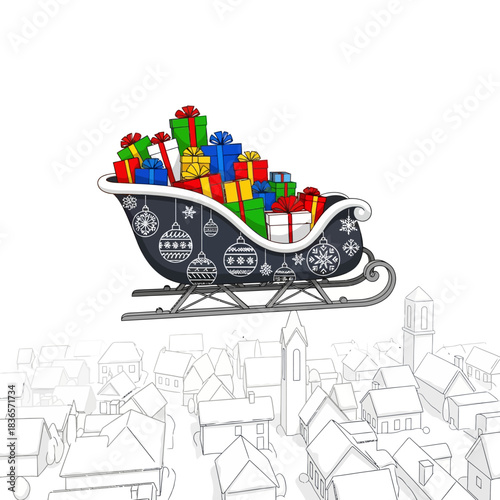 Ilustrasi vektor datar 2D bersih menampilkan kereta luncur Sinterklas yang ramping dan futuristik terbang tinggi di atas pemandangan kota bersalju minimalis, membawa hadiah berbentuk geometris.