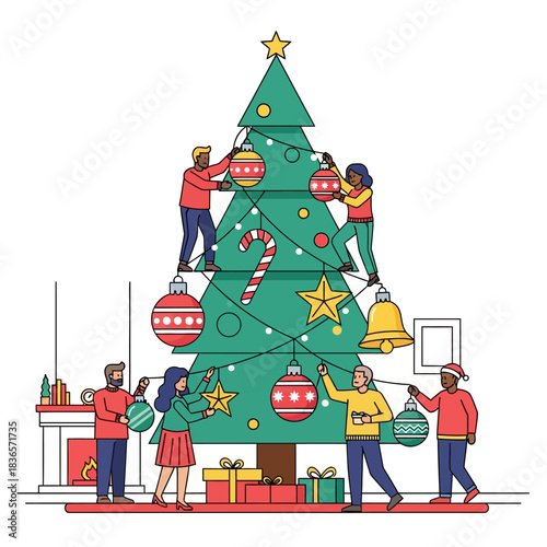 Flat 2D vector illustration shows a diverse group hanging oversized Christmas baubles and candy canes, decorating a massive festive evergreen tree adorned with bright stars in a cozy living room.