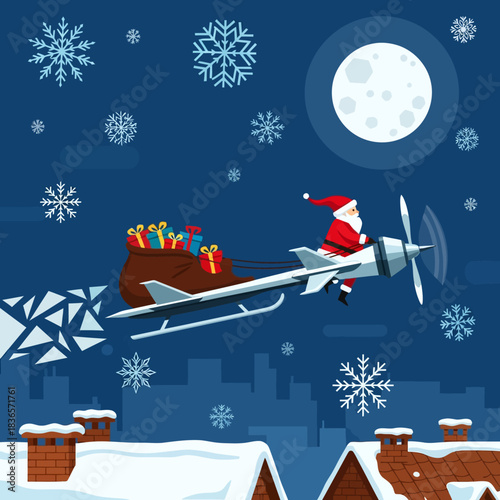 Sinterklas dalam ilustrasi vektor datar 2D minimalis menerbangkan kereta luncur bertenaga baling-baling melintasi langit malam, bersiap mendarat di atap perkotaan bersalju dengan karung hadiah.