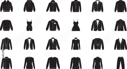 Collection of black silhouettes of various clothing items
