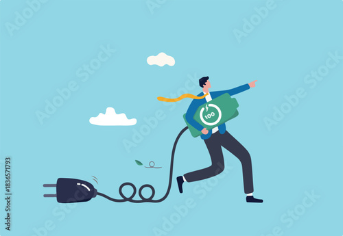 Full recharge energize, motivation to success in work, productive and efficiency, aspiration or enthusiastic concept, motivated businessman carry fully charged battery ready to fight for success.