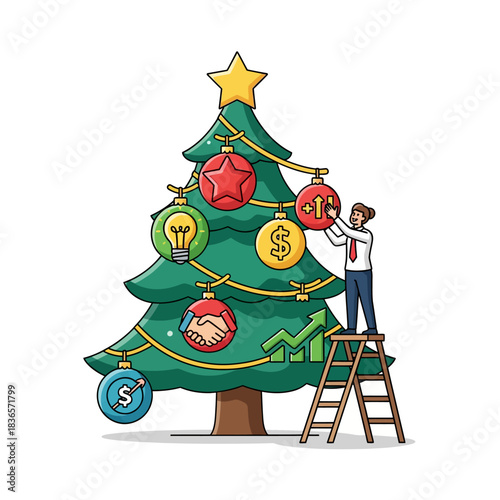 Ilustrasi vektor 2D, karakter memasang ornamen unik pada diagram pohon Natal bergaya yang melambangkan keberhasilan organisasi dan metrik pertumbuhan bisnis.
