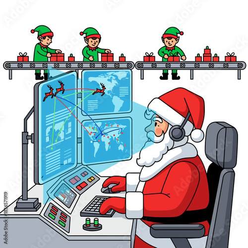 Ilustrasi 2D: Sinterklas di kontrol misi teknologi tinggi memantau rute rusa dan inventaris mainan global, sementara peri menyortir ornamen Natal.