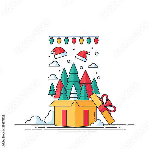 An open gift box spills Christmas elements like trees, snow, and a Santa hat, symbolizing a festive holiday portal in a clean flat 2D vector style.