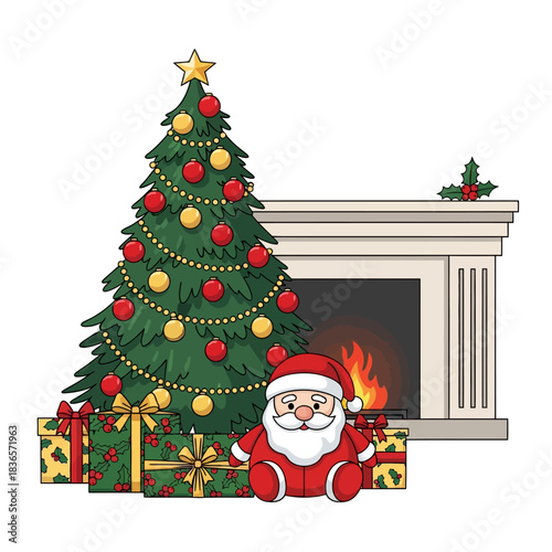 Ilustrasi vektor 2D suasana ruang tamu Natal yang nyaman, menampilkan pohon hiasan lebat, ornamen merah dan emas, hadiah bermotif holly, serta mainan Sinterklas di dekat perapian.