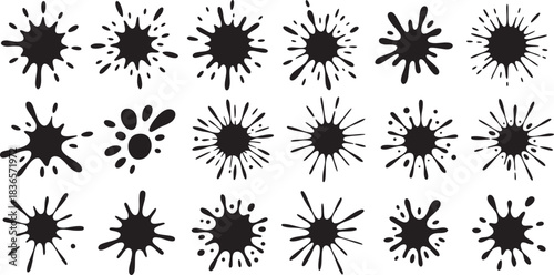 Ink drops and splashes. Blotter spots, liquid paint drip drop splash and ink splatter. Artistic dirty grunge abstract spot vector set. Illustration monochrome drip splash, splat messy inkblot 
