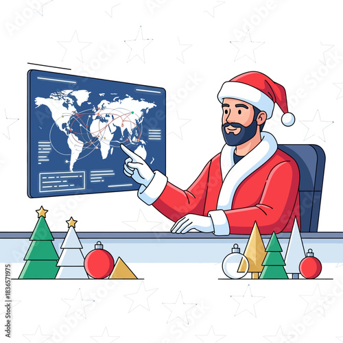 Contemporary youthful Santa Claus works at a sleek desk, utilizing a digital global map to efficiently plan his complex worldwide delivery routes in this vibrant 2D vector scene.