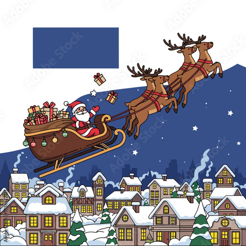 Ilustrasi 2D datar Santa yang cerah dan meriah mengarungi kereta luncur rusa di atas desa musim dingin malam, menjatuhkan kado Natal, menekankan ruang negatif yang lapang.