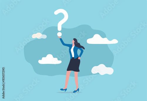 Business question, doubt, problem solving or ideas and creativity to answer and survive uncertainty concept, smart confidence businesswoman holding big question mark and think about solutions