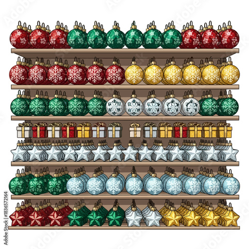Highly detailed flat 2D vector scene of an organized retail display shelf showcasing glittering Christmas ornaments (reindeer, stockings, gingerbread men) for e-commerce holiday sales.