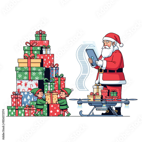 Ilustrasi vektor datar 2D memperlihatkan Sinterklas modern memeriksa daftar pengiriman digital besarnya, saat kurcaci memuat hadiah ke kereta luncur drone futuristik untuk Natal.