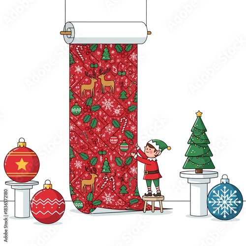 In a vibrant flat 2D vector scene, a cheerful elf hangs a massive banner with a detailed red/green Christmas seamless pattern, amidst oversized holiday ornaments.