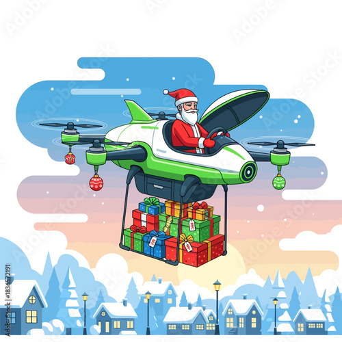 Vektor datar 2D Sinterklas modern menerbangkan drone listrik ramah lingkungan membawa hadiah di atas desa musim dingin bersalju saat fajar.