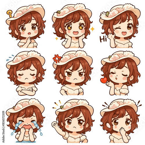 A set of cute anime girls illustrations in various clothes doing different activities with different expressions. Stickers or badges