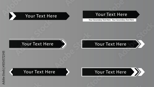 Collection of six modern black and white text banners with arrow shapes