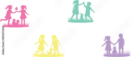 Four colorful silhouettes of children playing with animals and toys outdoors, friendship and companionship concept, cad drawing flat vector illustration