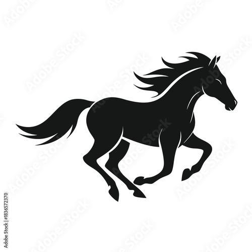 Silhouette of Running Horse Dynamic Black Stallion with Flowing Mane on White