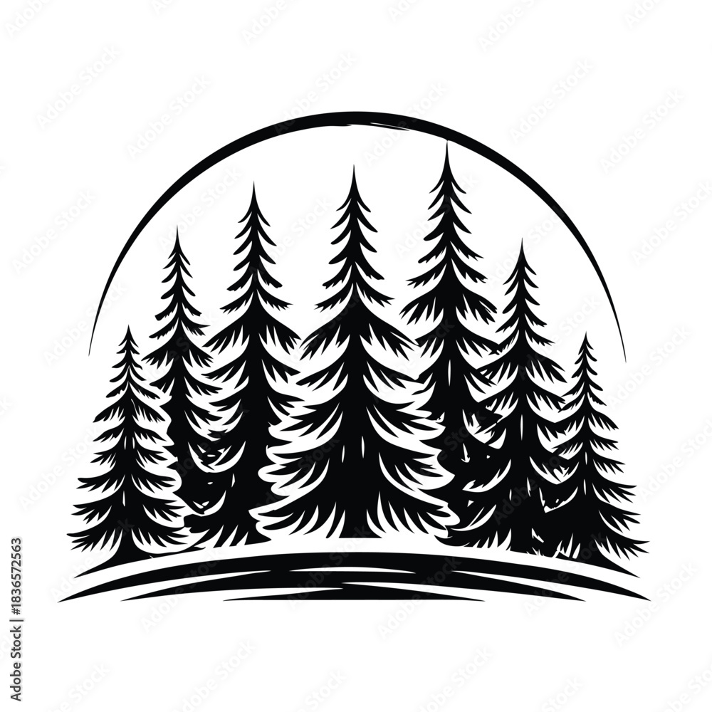 Obraz premium Stylized Pine Trees Silhouette Forest with Arch Design Element Landscape