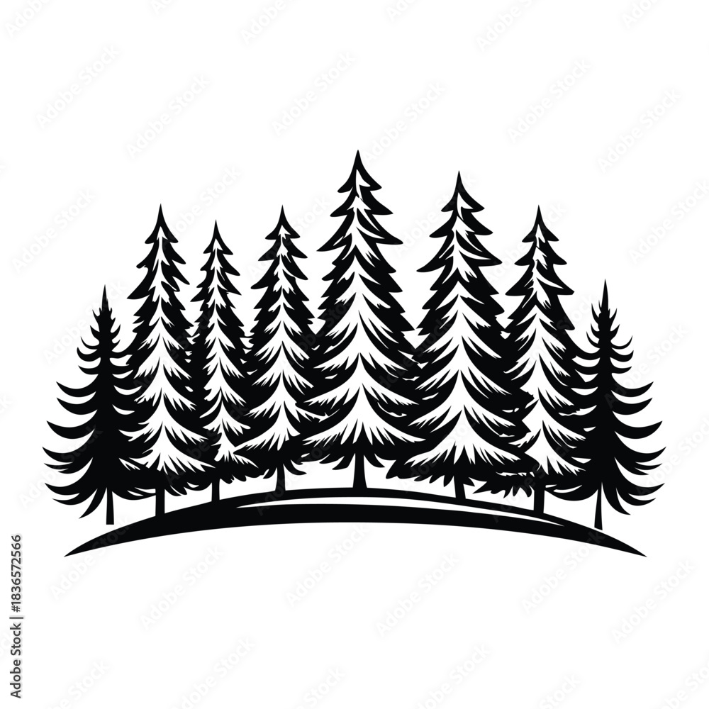 Obraz premium Silhouette Forest Trees Black and White, Coniferous Forest, Evergreen Trees on Hill