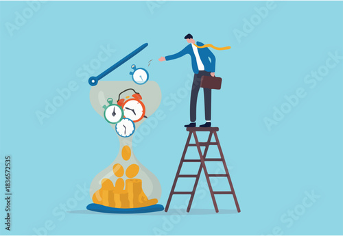 Time is money, long term investment return, retirement pension fund concept, smart businessman investor putting time pieces, clock, alarm clock and timer into sandglass falling to money profit return