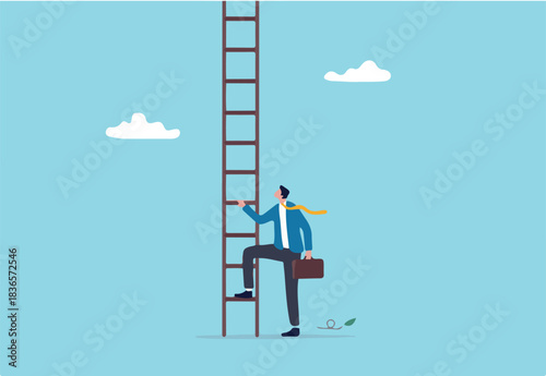 Challenge to climb up success ladder, unknown journey ahead, step to new career opportunity, determination to achieve goal concept, confidence businessman look up to begin climbing ladder of success