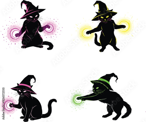 Four black cat silhouettes casting colorful magical spells with matching witch hats, fantasy concept, cad drawing flat vector illustration