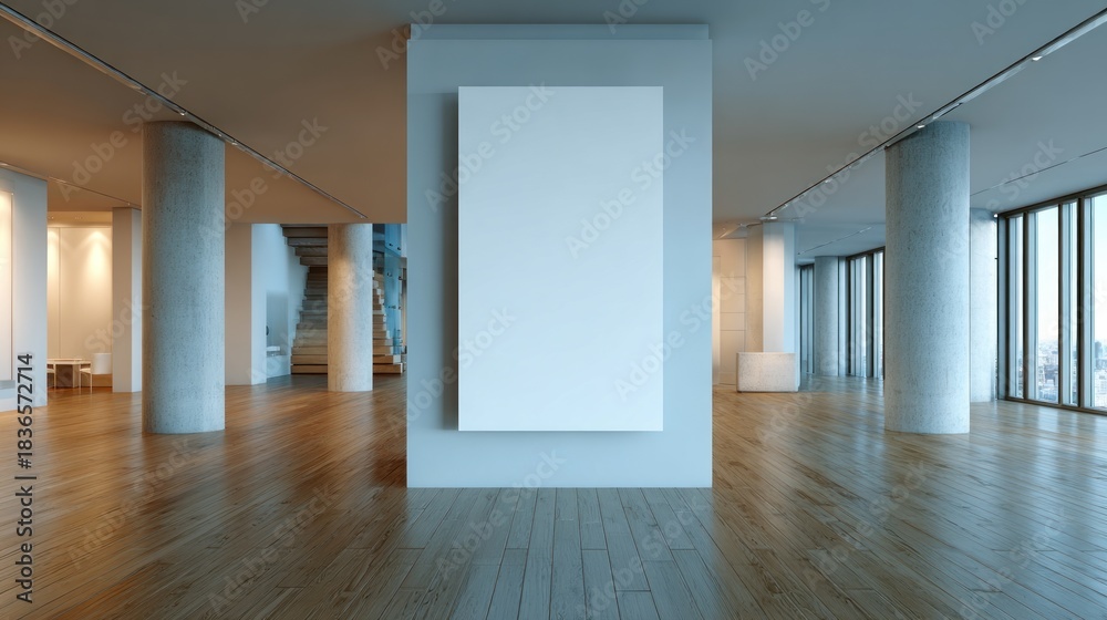 Obraz premium Elegant modern open-plan interior with blank canvas mockup, concrete columns, polished wooden floors, and panoramic city view