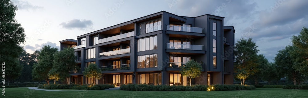 Fototapeta premium Modern apartment building exterior with balconies windows and lush landscaping at dusk. Green grass lawn and trees surround the residential structure with warm interior lighting visible.