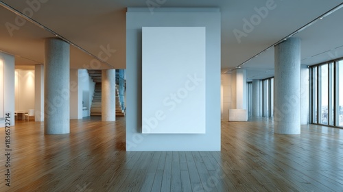 Elegant modern open-plan interior with blank canvas mockup, concrete columns, polished wooden floors, and panoramic city view