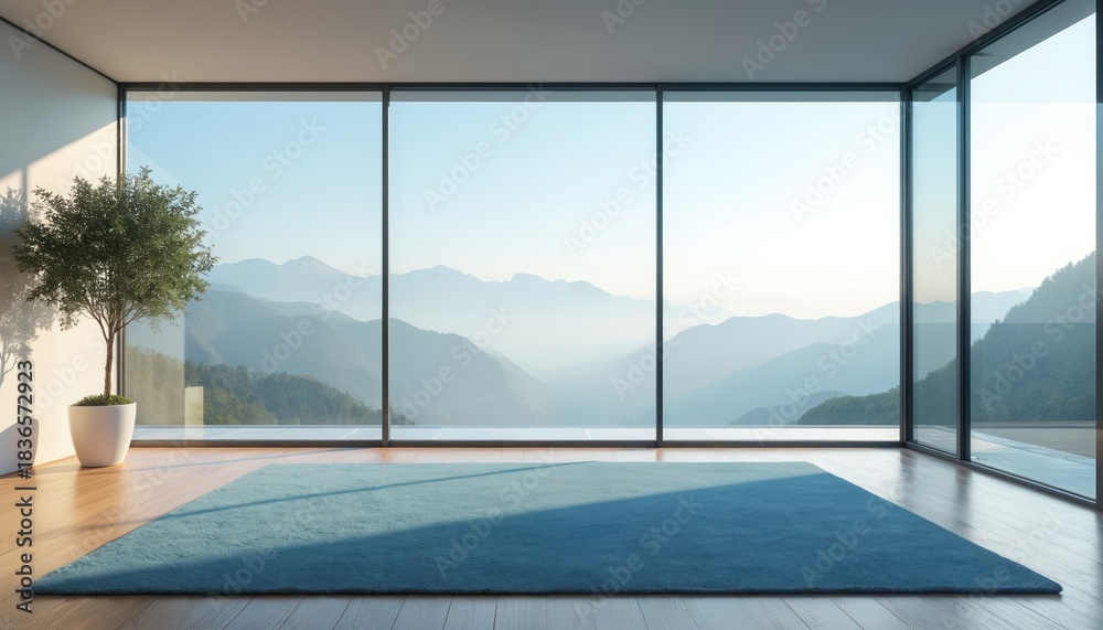 Fototapeta premium Modern spacious room with blue carpet and large windows showing misty mountain layers. Tree in pot adds green plants to minimalist interior design. Empty space offers peace.