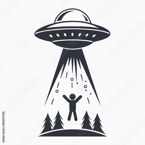 UFO Abduction Silhouette Flying Saucer, Beam of Light, Human Figure, Black and White