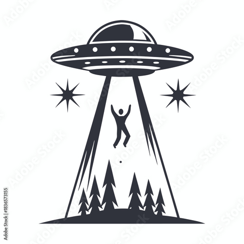 UFO Abduction Silhouette Design, Flying Saucer with Beam, Forest Landscape, Alien Concept