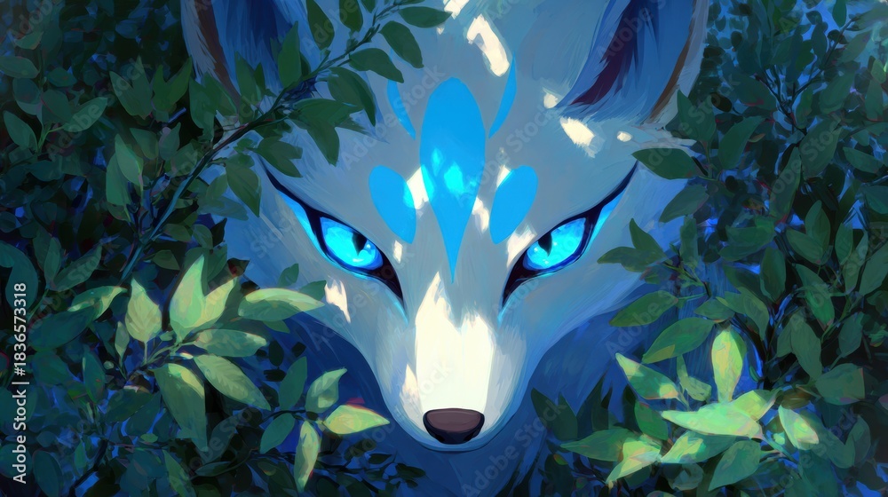 Naklejka premium Kitsune Fox Spirit in Glowing Forest Representing Magic and Intelligence in Japanese Folklore Under Moonlight at Night