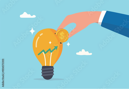 Invest in growth stock, mutual fund or growing money, savings, pension fund or increase return from stock market, economy or rising interest rate, businessman hand put coin in growth graph lightbulb