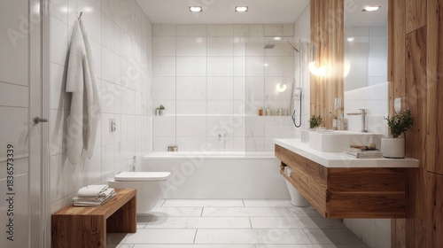 Modern bathroom interior with white marble-look tiles, wooden vanity, double sinks, bathtub, and shower, emphasizing clean lines and luxurious design.