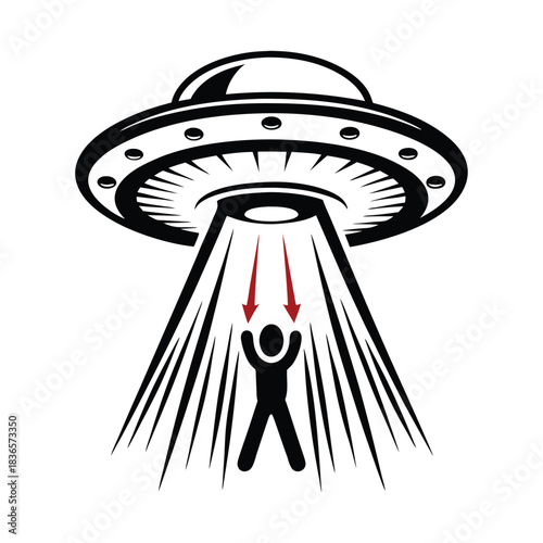 Monochrome Flying Saucer Abduction Silhouette of Human Figure with Red Arrows Pointing