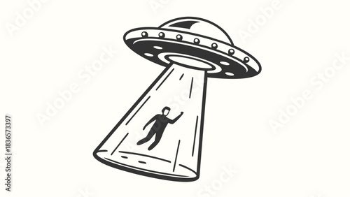 Monochrome Silhouette of UFO Abducting Human Figure with Light Beam on White