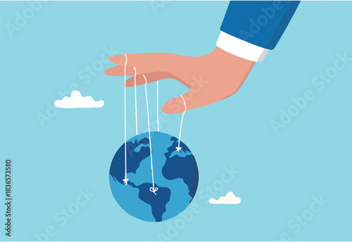 World domination power to manipulate or control economy, stop the war for world peace, political and conspiracy theory concept, anonymous businessman hand with puppet string to control the world.