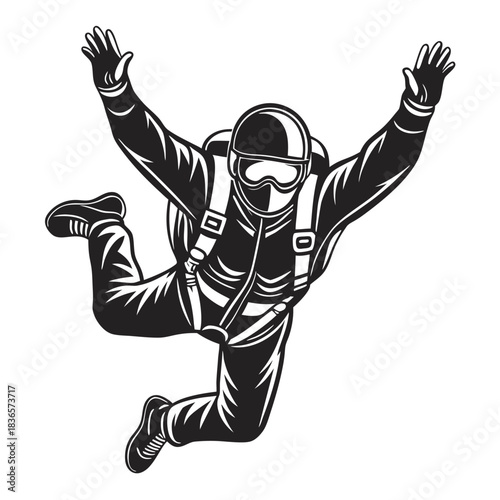 Monochrome Skydiver with Helmet, Suit, and Gloves Displaying Arms Reaching Upward