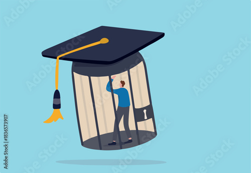 Student loan debt, money trap that graduated have to payback huge amount of money, expensive cost for education concept, depressed confused new graduated student in birdcage with graduation cap.