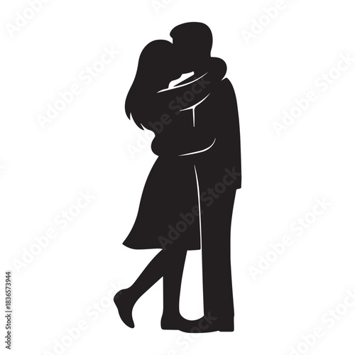 Passionate couple embracing in a tender silhouette against a clean background.
