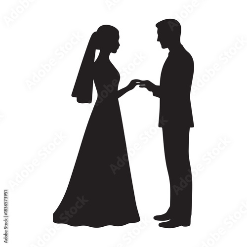 Elegant silhouette of a bride and groom exchanging rings during a romantic wedding ceremony.