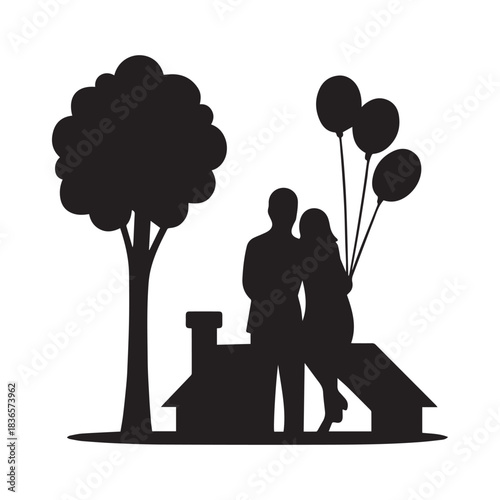 Silhouette of a couple holding balloons, sitting on a house roof with a tree nearby, symbolizing dreams and future.
