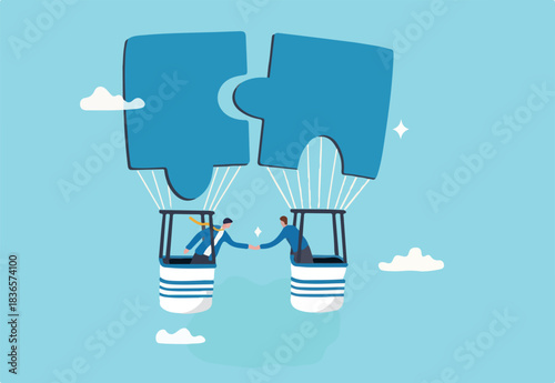 Partnership or teamwork to solve problem, agreement to success together, collaborate or cooperation, people to fit in job, jigsaw puzzle concept, businessman handshake on connect jigsaw balloon.